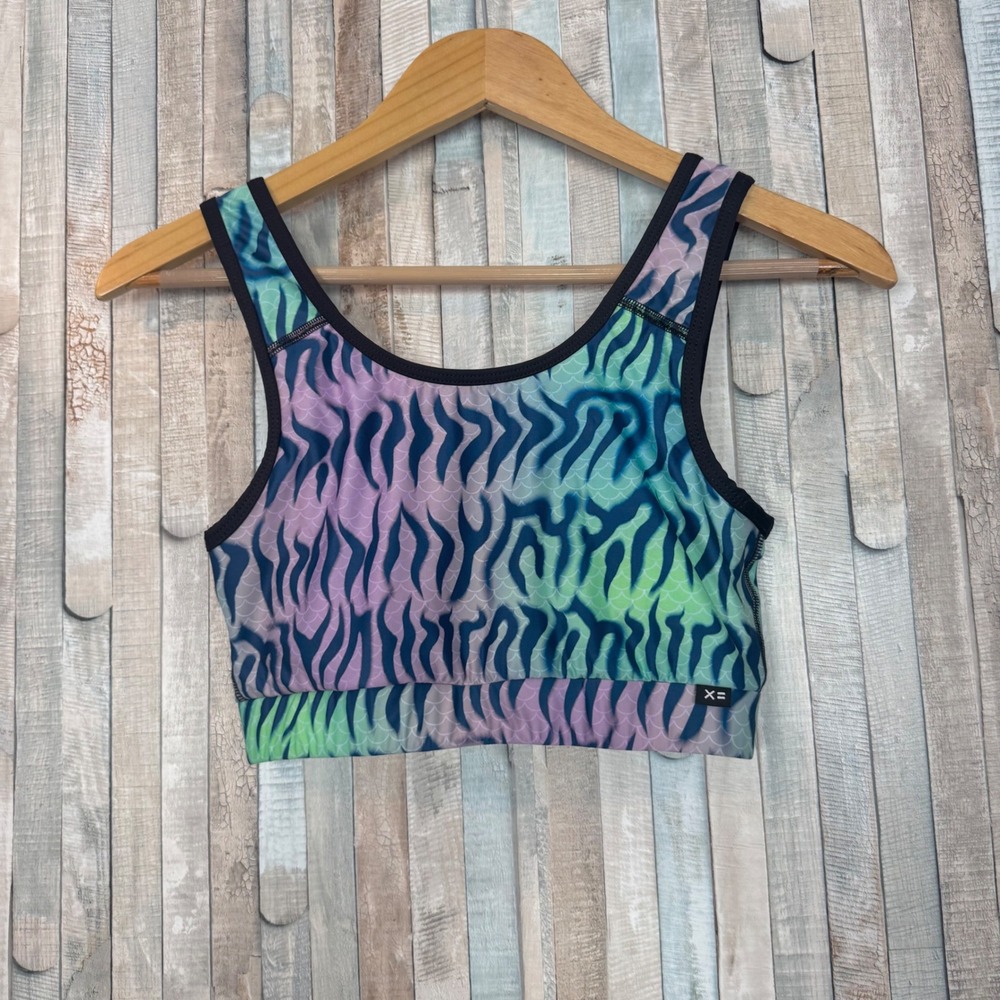 TomboyX M Swim Sport Compression Top Bra Mermaid Tiger Print Green Purple UPF 50